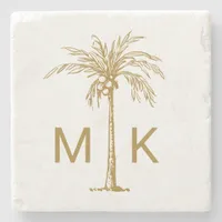 Personalized Tropical Gold Palm Tree Monogram Stone Coaster