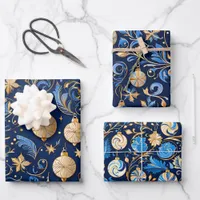 Three Blue and Gold Ornamental Designs Christmas Wrapping Paper Sheets