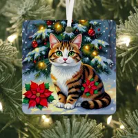 Folk Art Tabby Cat and Custom Message Christmas Metal Ornament