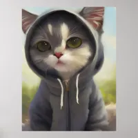 Adorable and Sweet Kitten Wearing a Hoodie Poster