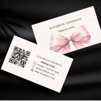 Beige cream pink bow elegant qr code business card