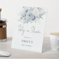 Dusty Blue Florals Welcome Baby in Bloom Shower Pedestal Sign