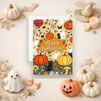 Spooky Orange Vintage Halloween Pattern Holiday Card