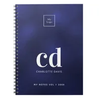 Logo navy blue white monogram initial business notebook