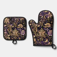 Colorful,Extravagant,Purple and Gold  Oven Mitt & Pot Holder Set