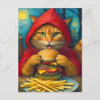 Ginger Cat with Cheeseburger and Fries Postcard