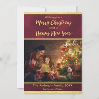 Christmas burgundy gold stars photo card