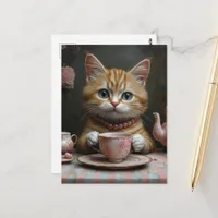 Cute Ginger Kitty in Pink Pearls at Tea Postcard