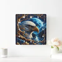 Eagle Perched Near River Under Moonlit Sky Square Wall Clock