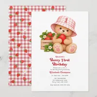Berry First Birthday Pink Gingham Girl Teddy Bear Invitation