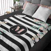 Blush Floral on Black and White Stripe Monogrammed Fleece Blanket