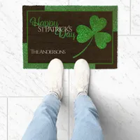 Green Glitter Shamrock Happy St Patrick’s Day  Fiber Doormat