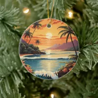 Vintage Hawaii Sunset Painting Sea Beach Towel Ceramic Ornament