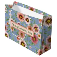 Personalized Pink Daisies on Blue Floral Pattern Large Gift Bag