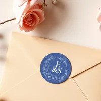 Elegant Vintage Romance Blue Monogram Wedding Classic Round Sticker