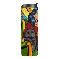 Comic Style Pop Art Woman Reading and Cat Thermal Tumbler