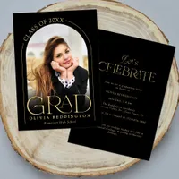 Modern Black Gold Arch Photo Graduation Party Invitation