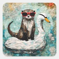 An otter on Vacation on a Floating swan Square Sticker