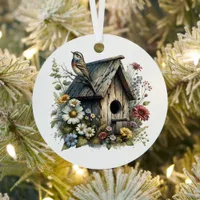 Watercolor Birdhouse Personalized Christmas Metal Ornament