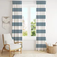 Dusty Blue And White Wide Horizontal Stripe  Blackout Curtains