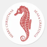 Red Glitter Seahorse Tropical Beach Christmas Classic Round Sticker