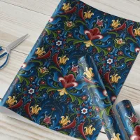 Scandinavian Rosemaling Folk Blue Red Wrapping Paper