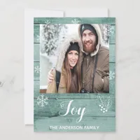 Christmas Joy rustic green wood photo card