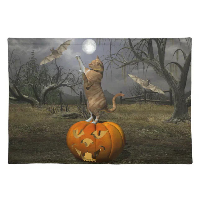 Cute Halloween Orange Cat Batting Bats Cloth Placemat