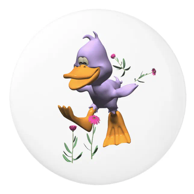 Cute Happy Cartoon Duck Running Through Flowers Ceramic Knob