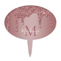 Chic Luxe Rose Gold Dripping Glitter Monogram Cake Topper