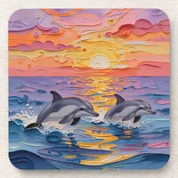 Impasto Dolphins and Ocean Waves   Beverage Coaster