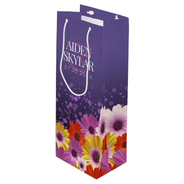 Elegant Daisies with Purple Glitter Wedding Wine Gift Bag