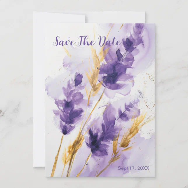 Lavender Golden Watercolor Floral Save The Date Invitation