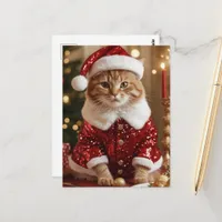Adorable Christmas Cat in Santa Suit Postcard