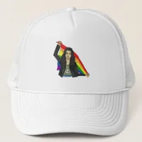 Woman in a Peace T-shirt With a Rainbow Flag LGBTQ Trucker Hat