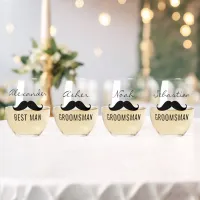 Groom's Team Name Mustache Wedding Date Stemless Wine Glass