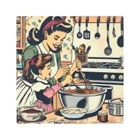 Cute Retro Mom and Daughter Baking Together Metal Print