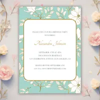 Turquoise Floral White Gold Magnolia Birthday  Invitation