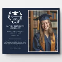 Modern Navy Blue Graduation Photo & Emblem Memory Plaque