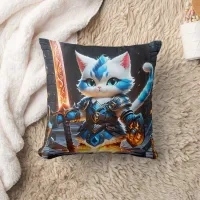 Cat Knight in Armor Wielding a Flaming Sword Throw Pillow