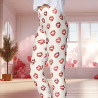 White and Red Lipstick Kiss Print Leggings