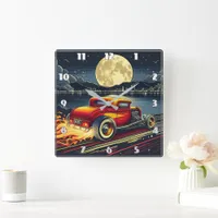 Vintage hot rod cruising by the moonlit waterfront square wall clock