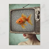 The Woman With a Goldfish TV Head Fantasy Postcard