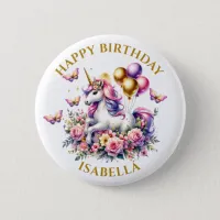 Pretty Pink, Purple and Gold Unicorn Birthday  Button