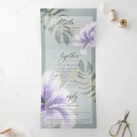 Purple Watercolor Hibiscus Floral Wedding Tri-Fold Invitation