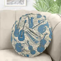 Sheet Music and Instruments Blue/Ivory ID481 Round Pillow