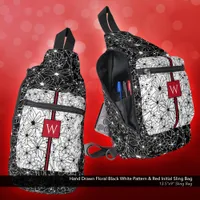 Hand Drawn Floral Black White Pattern Red Initial Sling Bag