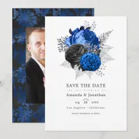 Royal Blue, Black and Silver Floral Wedding Photo Save The Date