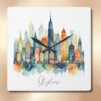 Watercolor City Skyline Modern Cool Urban Graphic Square Wall Clock