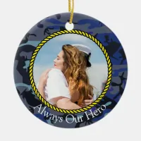 Personalized Always My Hero Navy Camouflage Photo Ceramic Ornament